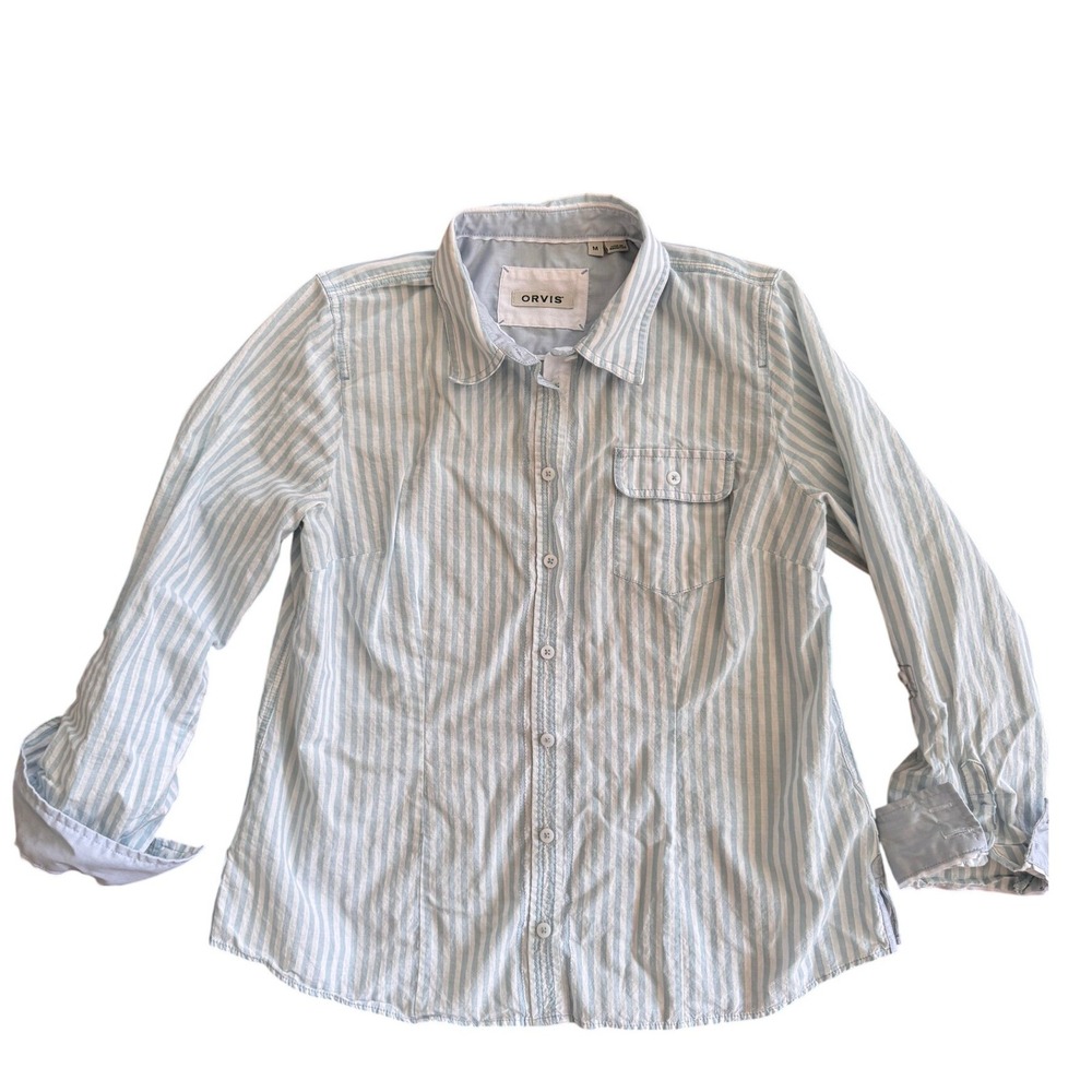 Orvis Womens Striped Button Down Shirt Light Blue White Pintuck Long Sleeve M